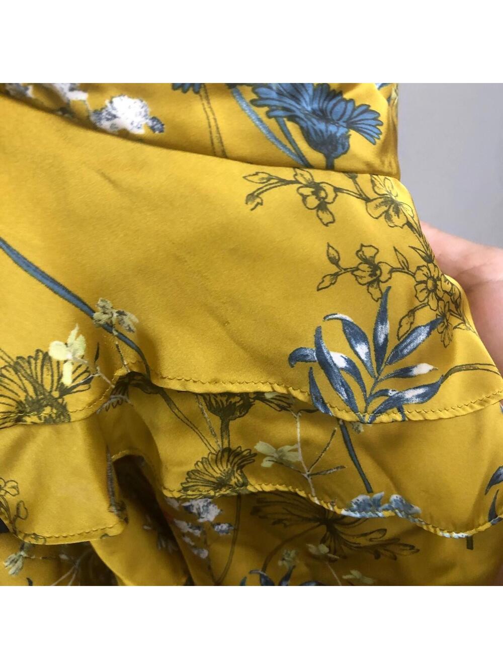 Willow & Clay Mustard Floral Ruffle Mini Skirt Size S Asymmetric Satin - Picture 5 of 8